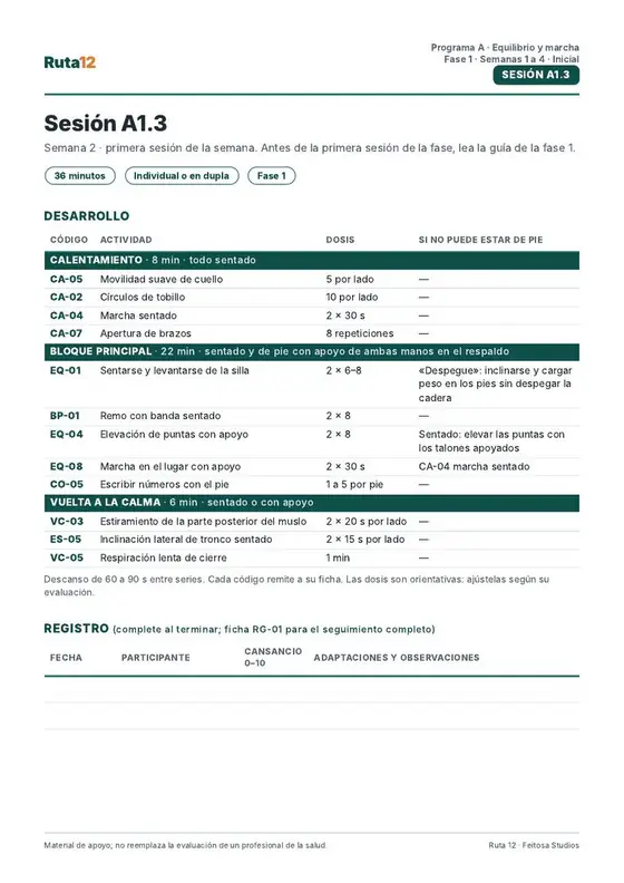 Página de una sesión del Programa A